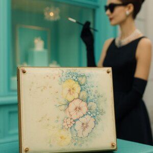 RARE 1950s Rex Fifth Avenue Compact Lucite Floral Polished Brass Scroll